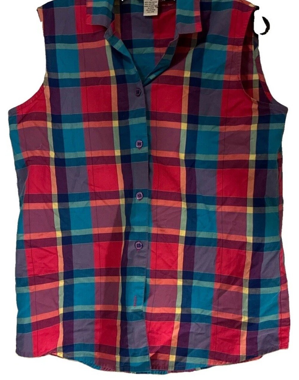Alfred Dunner Womens Plaid Sleeveless Button Up Shirt Multi Color Size 10 Top